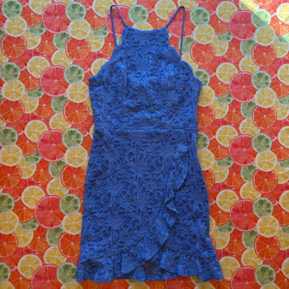 City Studio Blue Floral Lace High Neck Bodycon Mini Dress Lace Up Back 7